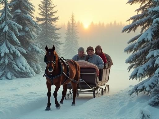 Romantische Pferdekutschenfahrt durch verschneite Landschaft